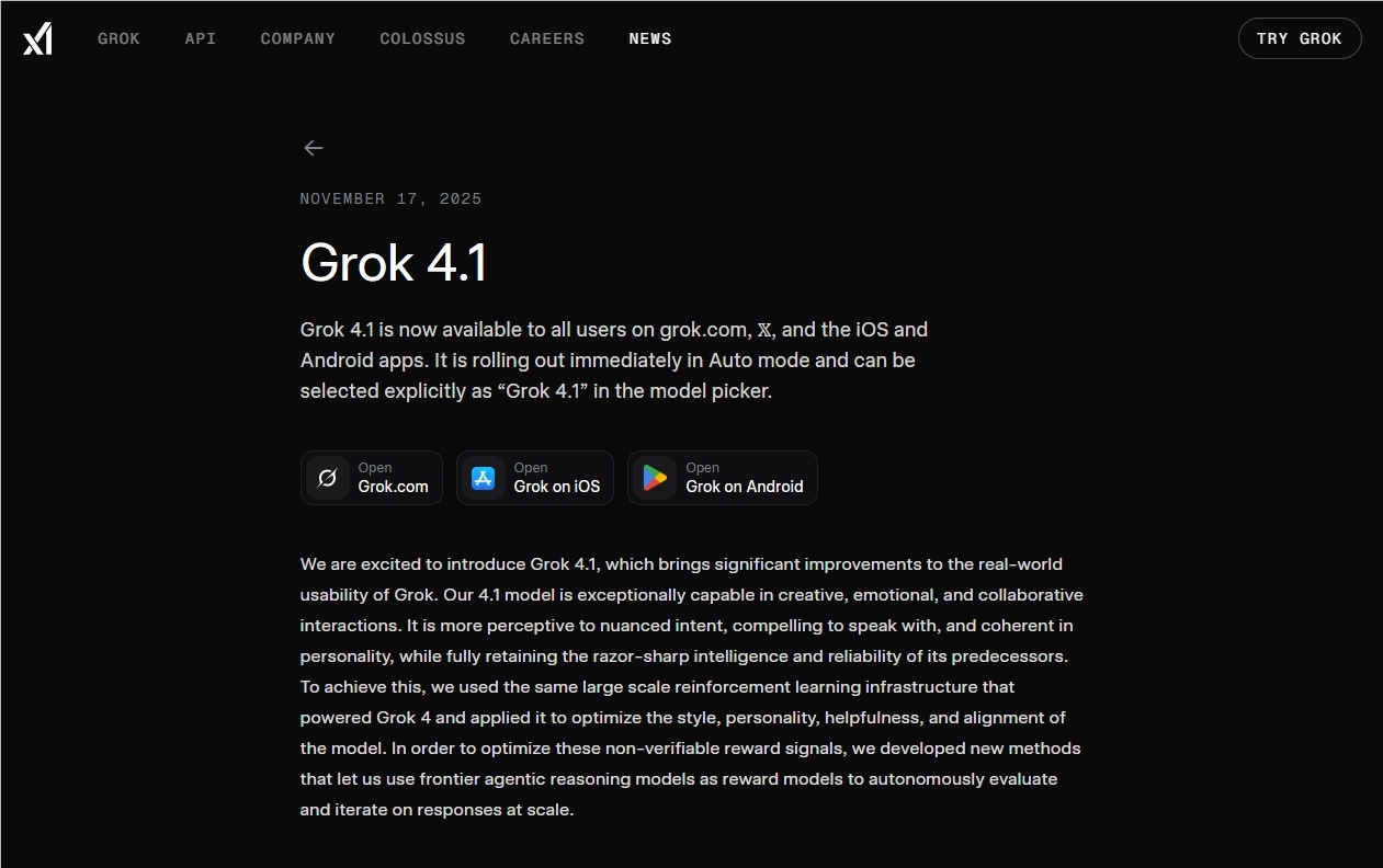 xAI 发布 Grok 4.1：更快更稳，免费开放！-爱智特agent,一站式企业智能体推荐平台,扣子企业智能体,扣子工作流免费复制下载