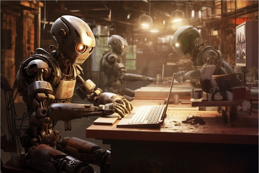 AI机器人打字 (图片来源:AI合成) AI机器人打字