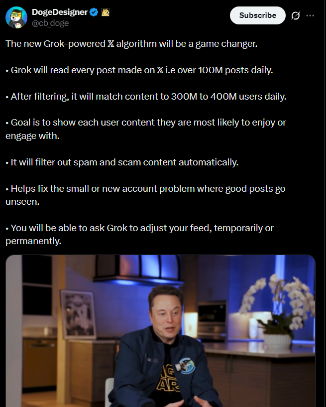 Grok全面接管𝕏推荐系统！每日洞察超1亿内容，刷新你的信息流体验-爱智特agent,一站式企业智能体推荐平台,扣子企业智能体,扣子工作流免费复制下载