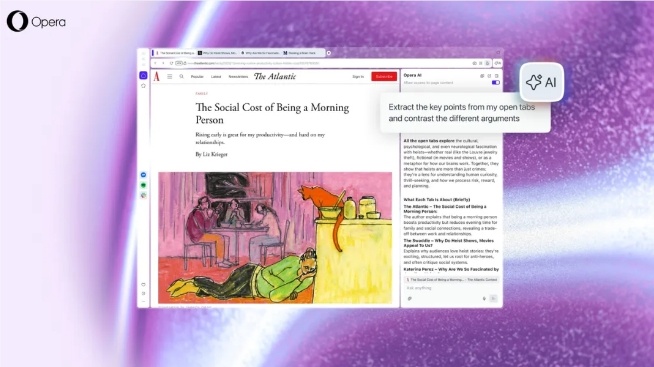 Opera AI 今日发布：侧边栏里的全能助手，更懂网页也更懂隐私-爱智特agent,一站式企业智能体推荐平台,扣子企业智能体,扣子工作流免费复制下载