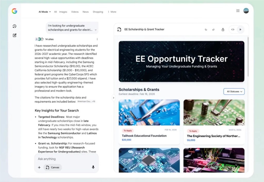 Google 搜索迎来大升级：Canvas 全美公测上线，一键把结果做成应用，百万 Token 窗口对标 ChatGPT-爱智特agent,一站式企业智能体推荐平台,扣子企业智能体,扣子工作流免费复制下载