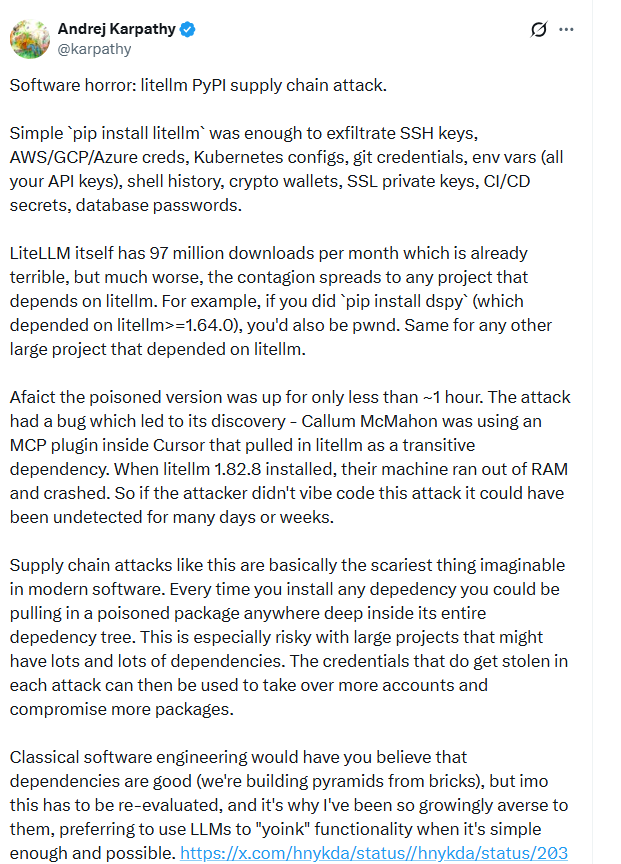 AI 圈曝“教科书式”投毒:Karpathy 发声预警,千万下载量库 litellm 中招-爱智特agent,一站式企业智能体推荐平台,扣子企业智能体,扣子工作流免费复制下载