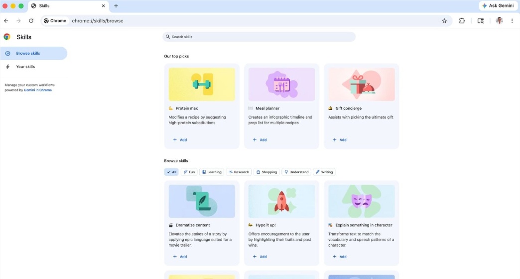 Chrome 为 Gemini 推出“技能库”：提示词可一键复用，不用再反复输入-爱智特agent,一站式企业智能体推荐平台,扣子企业智能体,扣子工作流免费复制下载