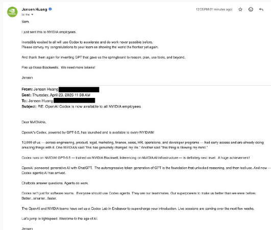 黄仁勋发内部信：英伟达全员启用GPT-5.5版OpenAI Codex-爱智特agent,一站式企业智能体推荐平台,扣子企业智能体,扣子工作流免费复制下载